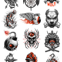 black, grey, and red temporary tattoos