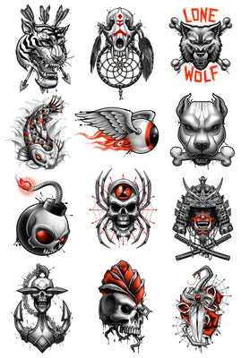 black, grey, and red temporary tattoos